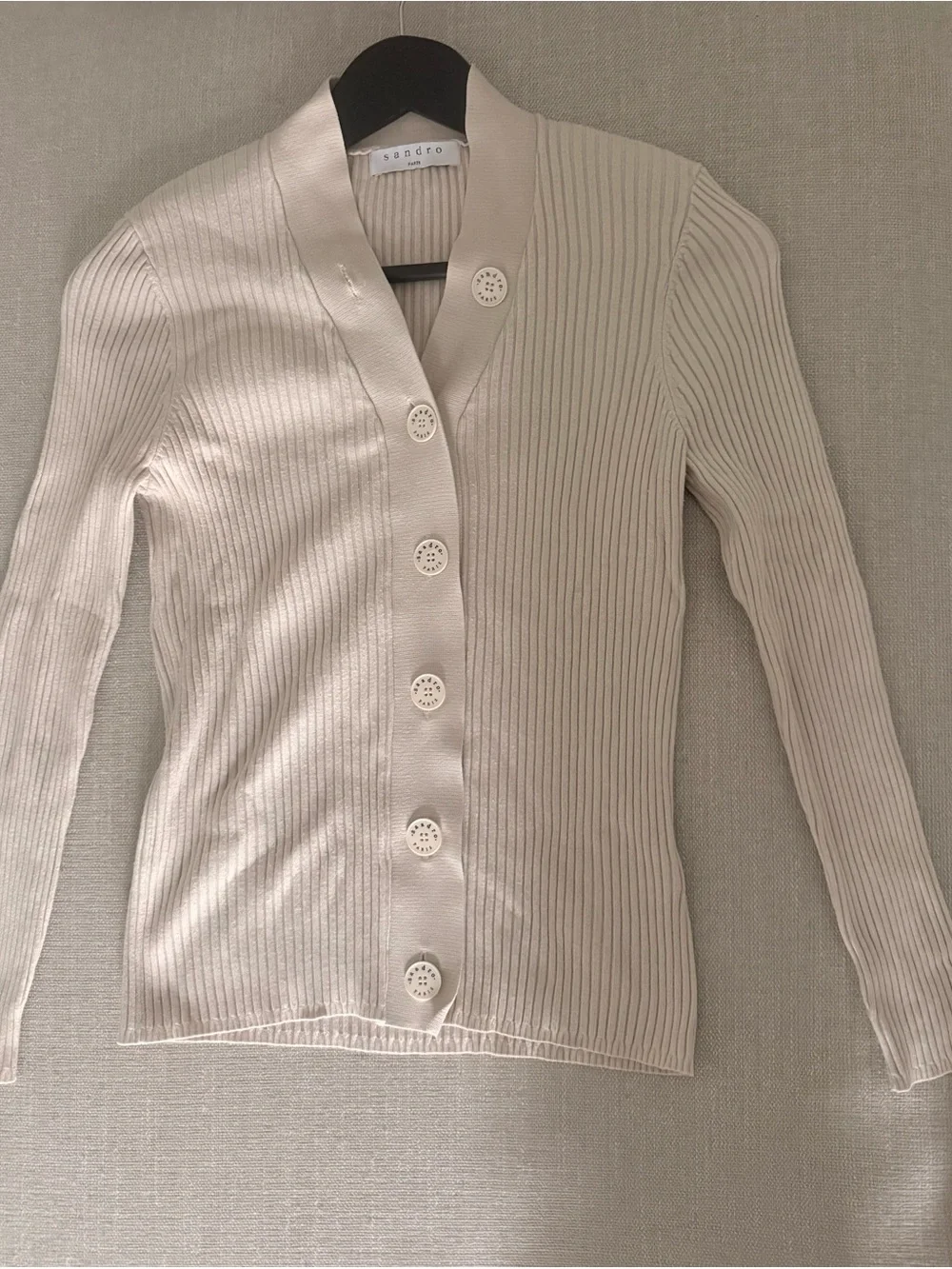 Sandro Cream Ribbed V-Neck Button Cardigan